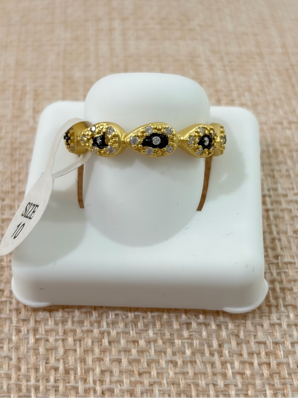 NWT SZ 10 Freida Rothman Gold Plated 925 Sterling Black & Clear Accent Ring